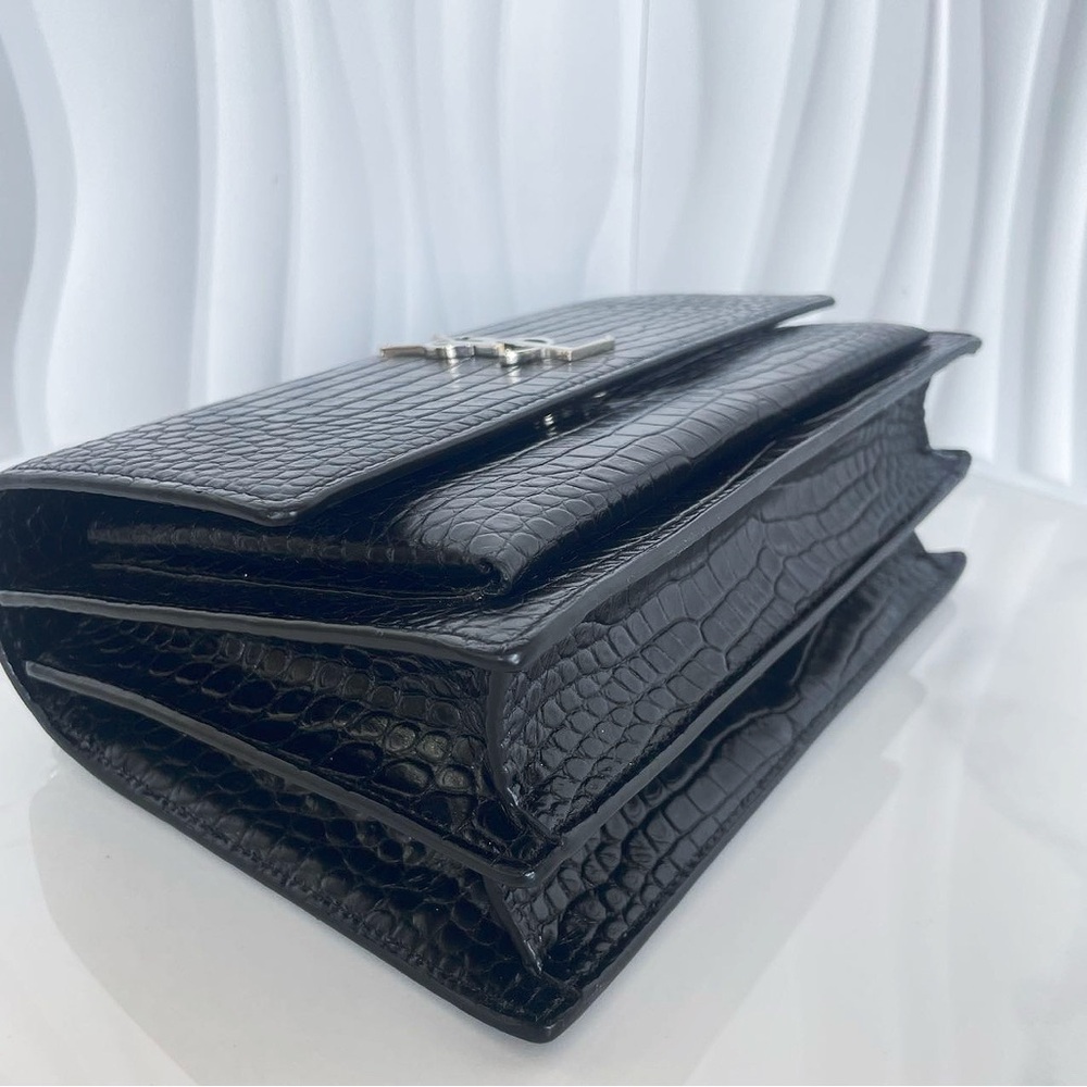 YSL Saint Laurent Black Crocodile-Embossed Leather Shoulder Bag - Picture 12 of 12